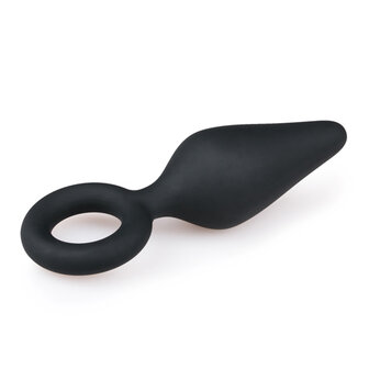 Zwarte buttplug met trekring - medium